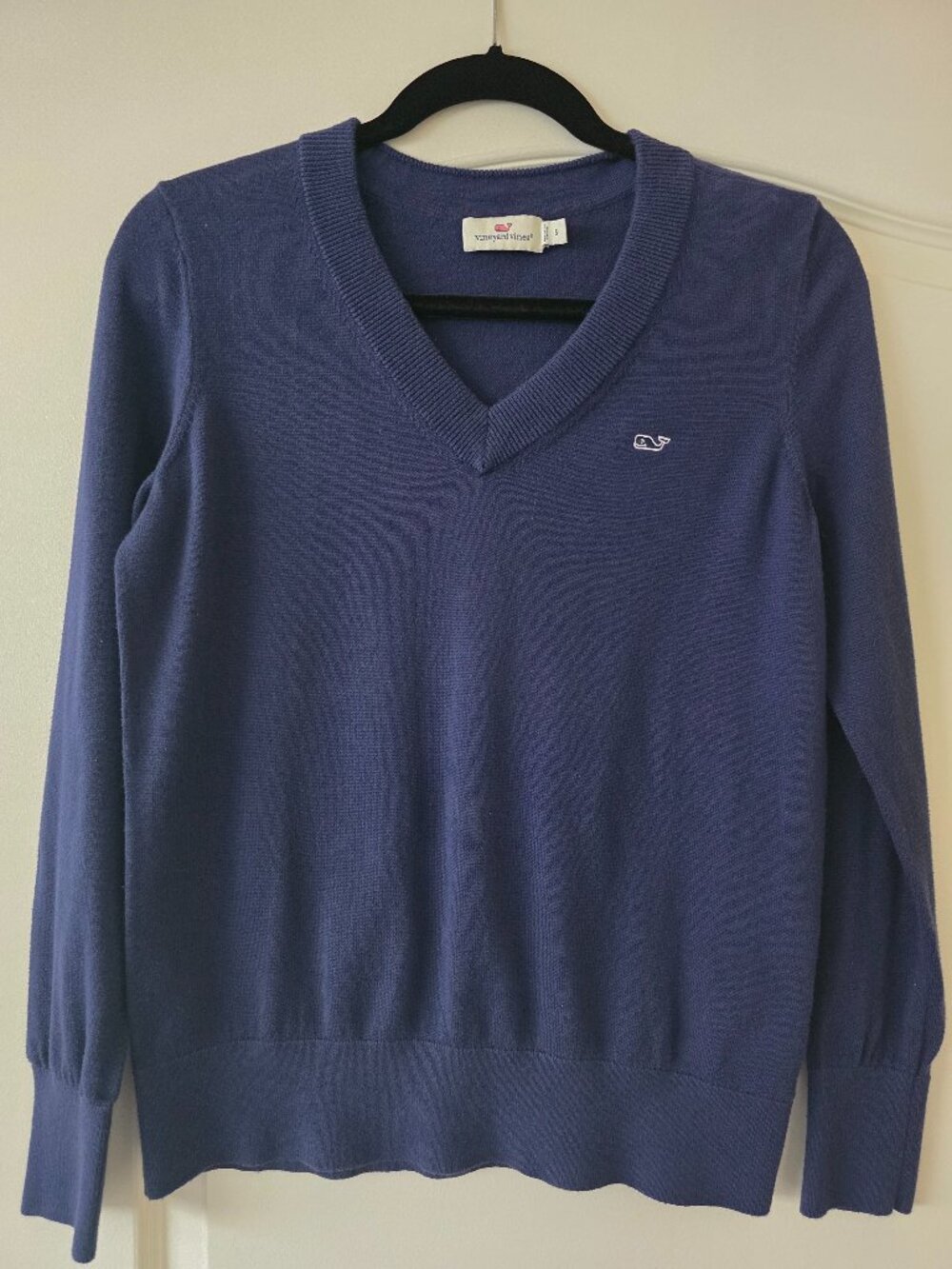 Vineyard Vines Blue V-Neck Sweater Womens Small, Cotton Long Sleeve Whale Logo